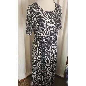 D17 Nina Leonard navy blue animal print maxi dress w braided tie stretchy NWOT